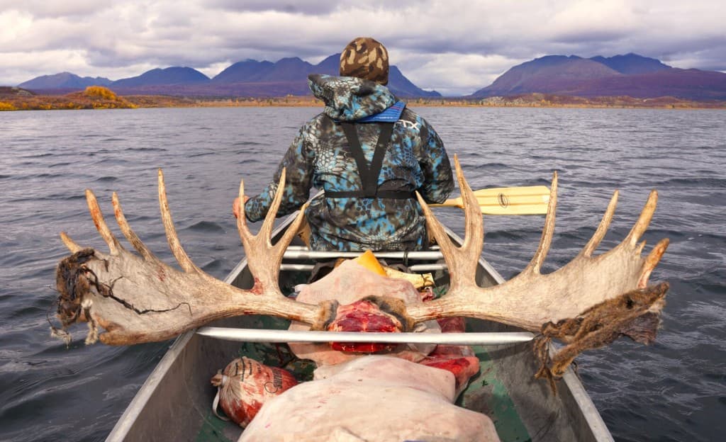 Canoe loaded with moose antlers and meat on an Alaskan lake